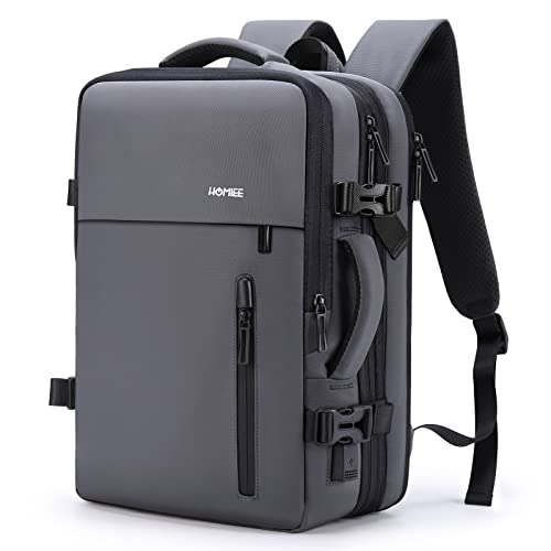 HOMIEE Carry on Backpack Extra Large Travel Bag, Expandable Hand Luggage Suitcase Anti-Theft Business Backpack, Water Resistant Lightweight Weekender Bag, Grey