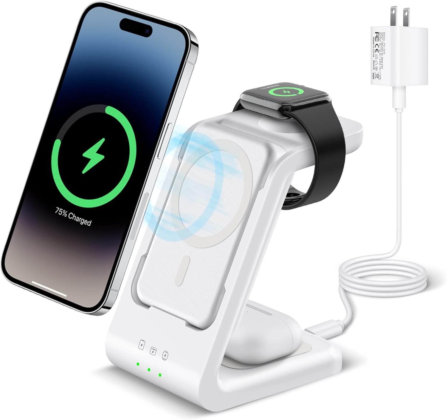 3 in 1 Wireless Charging Station, Fast Charger Stand Compatible for iPhone/Apple Watch/Airpods, 5000mAh Mag-Safe Battery Pack USB C Power Bank for 16 15 14 13 12 Series, 20W PD Adapter (White)