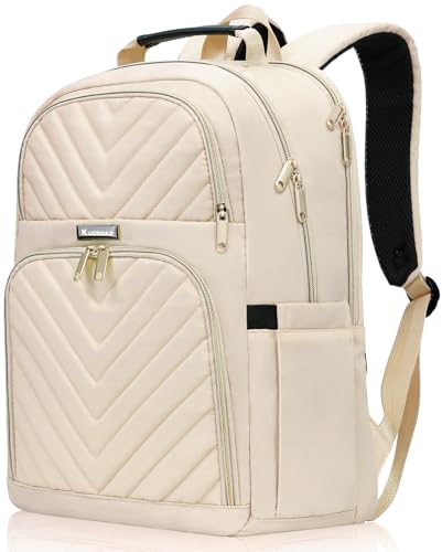 Travel Laptop Backpack for Women, 15.6 Inch Quilted Work Backpack Purse with USB Charging Port, School Backpack for Teens Girls Boys, Large Anti-theft Teacher Student Bookbags, Casual Daypacks, Beige