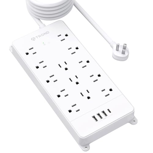 TROND Surge Protector Power Strip 15 ft Cord - Long Extension Cord, 13 Widely-Spaced Outlets Expansion with USB C Ports, 4000 Joules, Flat Plug, Wall Mount, ETL Listed, Office Desk Accessory, White