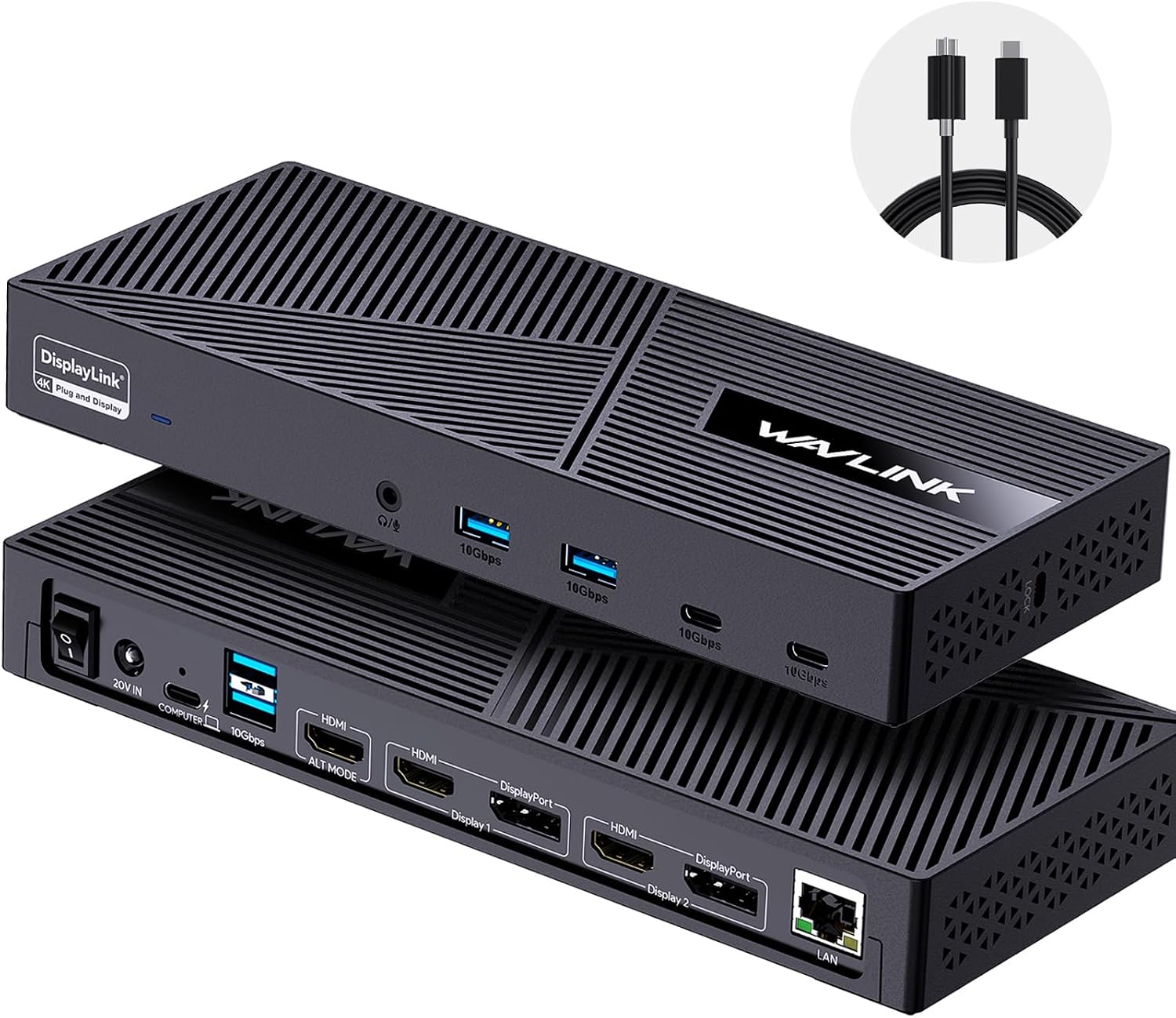 WAVLINK Displaylink Docking Station 3 Monitors with 130W Power Delivery, 10Gbps USB for MacBook M1/M2/M3/Windows, USB-C(3 HDMI, 2 DisplayPort, 2 USB-C, 4 USB3.1, Ethernet, Audio)