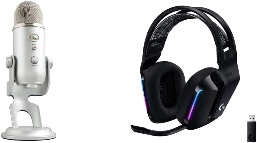 Blue Yeti USB Microphone for PC, Mac, Gaming, Recording, Streaming, and Podcasting + G733 Lightspeed Wireless Gaming Headset with Suspension Headband, Lightsync RGB, and PRO-G Audio - Silver