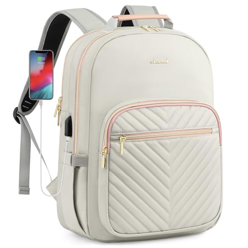 LOVEVOOK Laptop Backpack for Women, Travel Computer Work Bags with 17-inch Laptop Compartment, College School Student Bag Teen Backpacks For Girls, Outdoor Carry On Backpack Purse, Grey Pink