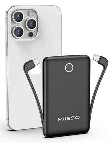 miisso 10000mAh Slim Portable Charger with Built in Cable, Power Bank Travel Charger External Battery Pack for Phone, 3 Output USB Type C Cord Clutch Charger Compatible with iPhone, Black
