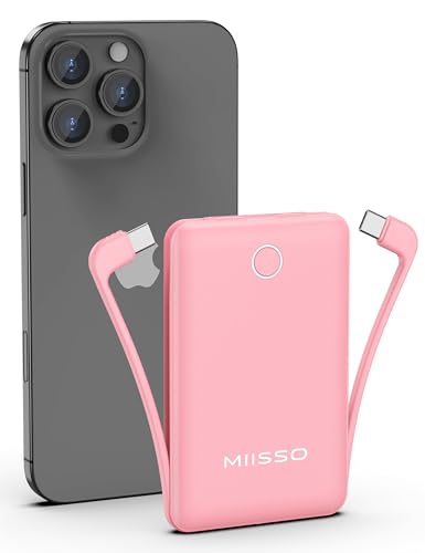 miisso 10000mAh Slim Portable Charger with Built in Cable, Power Bank Travel Charger External Battery Pack for Phone, 3 Output USB Type C Cord Clutch Charger Compatible with iPhone, Pink