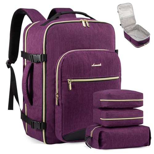 LOVEVOOK Travel Backpack for Women & Men 40L,Airline Approved Carry On Backpack Travel Essentials,TSA Carry on Luggage,Waterproof Personal Item Travel Bag,Suitcase with Packing Cubes,Dark purple-Black