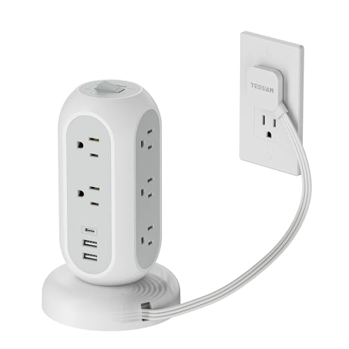 Surge Protector Power Strip Tower, TESSAN 5 FT Retractable Extension Cord with Multiple Outlets, 11 Outlets with 3 USB (1 USB C) Charging Station, 1050J, Office Desk Supplies, Dorm Essentials