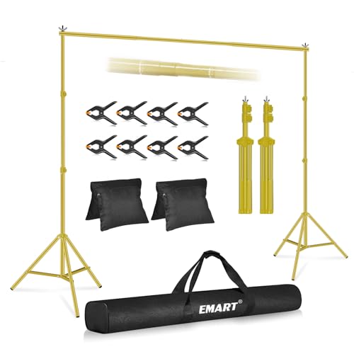 EMART Backdrop Stand 10x7ft(WxH) Photo Studio Adjustable Background Stand Support kit with 2 Crossbars, 8 Clamps, 2 Sandbags and Carry Bag for Parties, Events Decoration, Wedding -Titanium Gold