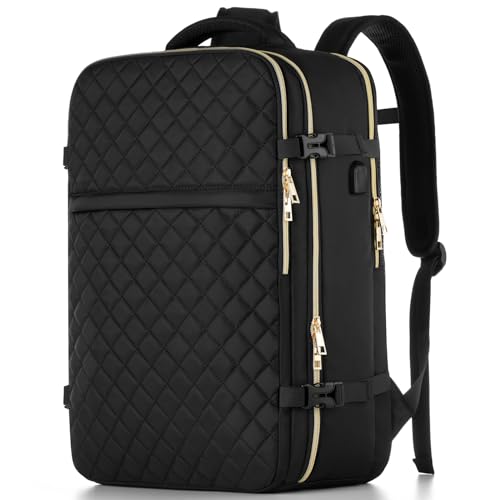 MOMUVO Large Travel Backpack Women, Flight Approved Carry On Backpack, Water Resistant Anti-Theft Casual Daypack School Bag Fit 18.4 Inch Laptop with USB Charging Port, Black