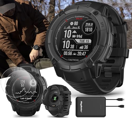 Garmin Instinct 2X Solar Tactical (Black) Rugged GPS Smartwatch Bundle - Flashlight, Solar Charging, Multi-Band GNSS - Includes PlayBetter Screen Protectors & Portable Charger