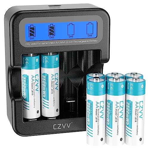 Lithium Rechargeable AA 1.5V Camera Batteries with 2.5'' LCD Fast Black Charger Combo, 8 Pack Large Capacity 3500mWh Dual A Long-Lasting 3.0A Output for Home & Industrial Devices, Cycles 1300x