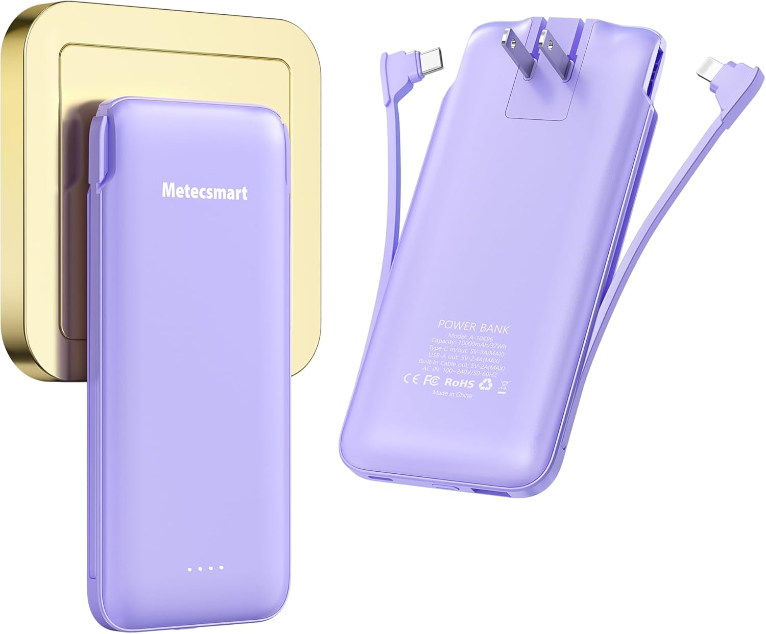 Portable Charger Power Bank with Built-in Cable & AC Plug, 10000mAh Fast USB-C Charger, Slim Mini Battery for iPhone 16/15/14/13/Pro/Max & All USB-C Devices