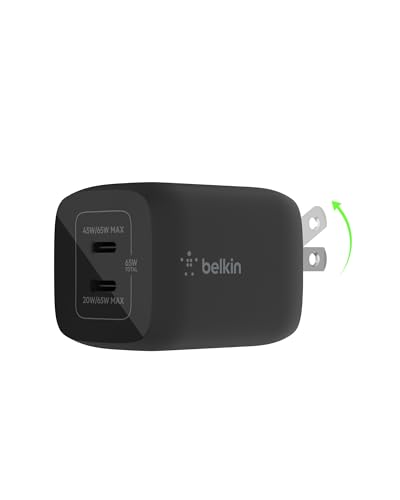 Belkin 65W Dual USB-C Wall Charger, Fast Charging PD 3.0 w/GaN Technology for iPhone Series, iPad Pro 12.9, MacBook, Galaxy Series, Tablet, & More - Black