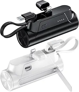 [2 Pack] Portable-Charger-Power-Bank - 8000mAh Small Portable Phone Charger 5V3.1A Fast Charger Built-in Type-C Cable and Phone Holder Cute Battery Pack for iPhone and Android Phone(Black and White)