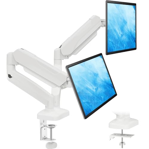 MOUNTUP Dual Monitor Stand for Desk, Gas Spring Monitor Arms for 2 Monitors Max 32 Inches, Height Adjustable Double Monitor Mount, VESA Mount with C-Clamp & Grommet Base, Holds 4.4-17.6lbs, White