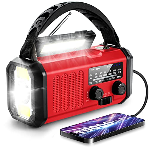 Hand Crank Emergency Radio, 10000mAh/37000mWh Solar Powered AM/FM/NOAA Weather Radio with Multi-Function LED Flashlight and Cell Phone Charger for Indoor/Outdoor Emergencies