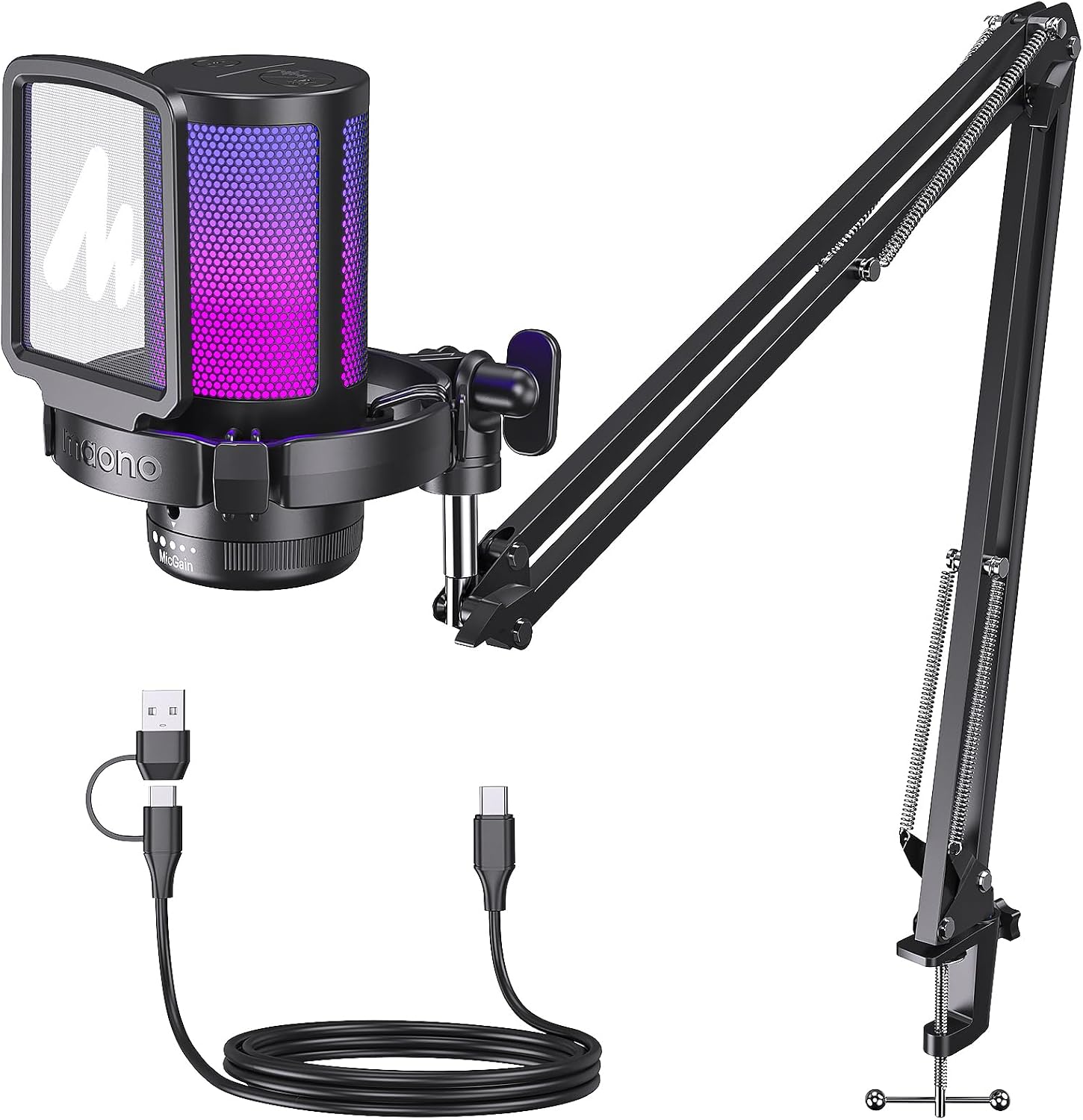 MAONO Gaming USB Microphone, Noise Cancellation Condenser Mic with Mute, Gain, Monitoring, Boom Arm Mic for Streaming, Podcast, Twitch, YouTube, Discord, PC, Computer, PS4, PS5, Mac, GamerWave DGM20S