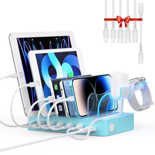SooPii 60W 6-Port PD Charging Station for Multiple Devices, 20W PD USB C Fast Charging for lPhone 14/13/12,6 Short Cables Included, 2 in 1 Holder,for Phones,Tablets and Others...