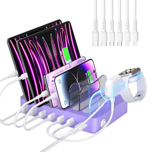 SooPii Premium 6-Port USB Charging Station Organizer for Multiple Devices, 6 Short Charging Cables and One Upgraded i-Watch Charger Holder Included, for Phones,Tablets and Other Electronics, Purple