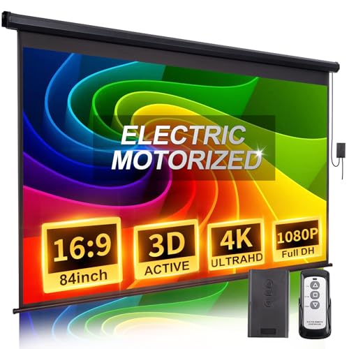 Projector Screen Motorized 84 Inch 16:9 HD Electric Projector Screen Pull Down with Remote, Automatic Projector Screens Wall Ceiling Mount Movie Screens for Projectors Outdoor Indoor, Black