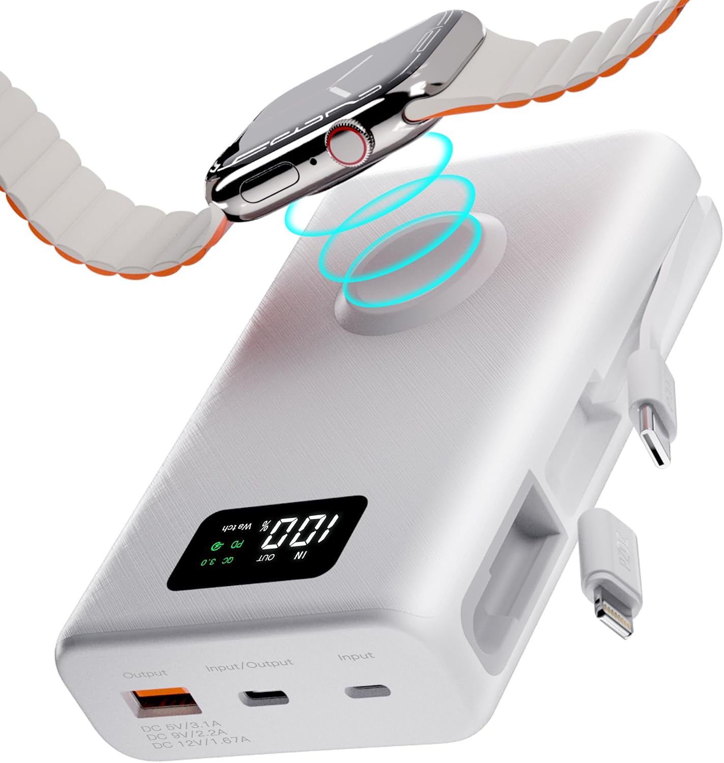 pzoz 20000mAh Portable Power Bank Powerbank Battery Pack with Apple Watch Magnetic Wireless Charger,USB Type C PD Fast Charging Cable Travel High Capacity Compatible iWatch iPhone 17 16 15 (White)