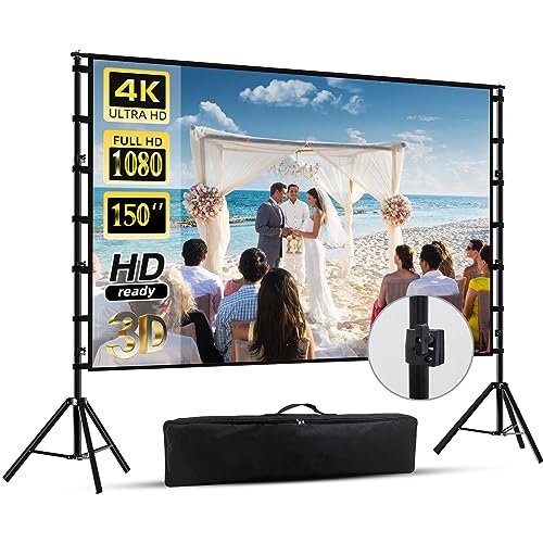 150"-Projector-Screen-with-Stand,HUANYINGBJB Outdoor Projection Screen, Portable 16:9 4K HD Rear Front Movie Screen with Carry Bag for Theater Backyard Movie Night,Cinema School, Churches, Parties