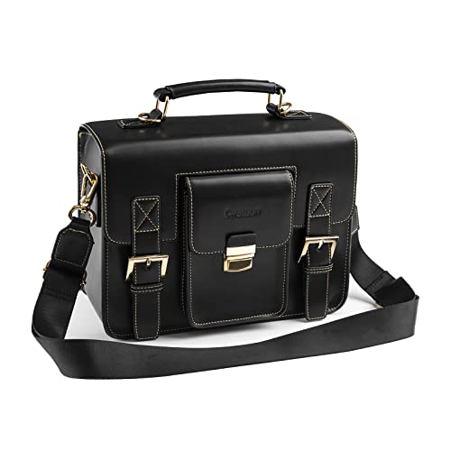 Cwatcun Leather Camera Bag Compact Shoulder Bag for Women, Vintage Small Sling Case Crossbody, Travel Photography Backpack for Canon, Nikon, Sony, Fuji DSLR/SLR/Mirrorless Cameras, Lens Accessories