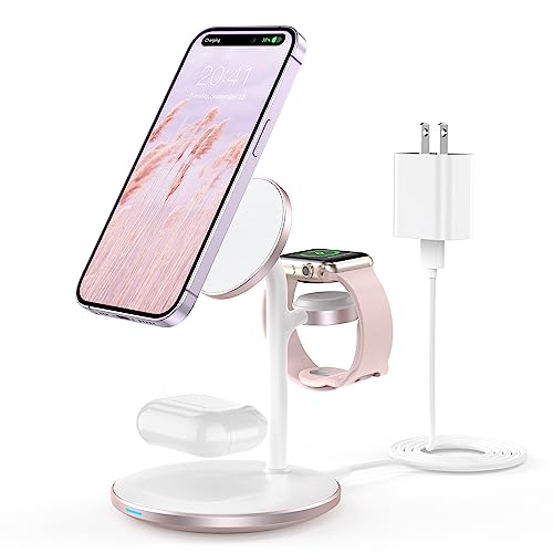 XooFly 3 in 1 Wireless Charging Station for Apple Devices, Fast Wireless Mag-Safe Charger Stand with 20W Adapter for iPhone 17/16 15 14 13 12 Pro Max/Pro/Plus/Air/Mini, iWatch, AirPods (Pink)