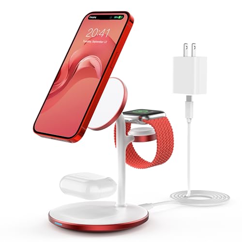 XooFly 3 in 1 Wireless Charging Station for Apple Devices, Fast Wireless Mag-Safe Charger Stand with 20W Adapter for iPhone 17/16 15 14 13 12 Pro Max/Pro/Plus/Air/Mini, iWatch, AirPods (Red)