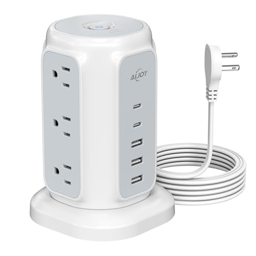 AiJoy Flat Plug Power Strip Tower with 9 Outlets and 5 USB Ports (2 USB-C), 1200J Surge Protection, 1625W Extension Cord with Multiple Outlets Charging Station for Home Dorm Office Supplies