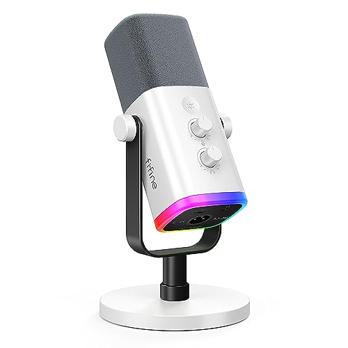 FIFINE XLR/USB Gaming Microphone for Streaming Podcasting, PC Computer RGB Mic, with Gain Knob, Mute Button, Monitoring Jack, Gamer Mic for Recording Video Creation-AmpliGame AM8 White