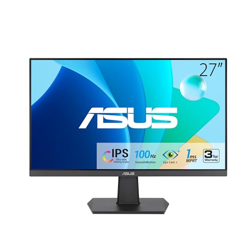 ASUS 27 Inch Monitor - 1080P, IPS, Full HD, Frameless, 100Hz, 1ms, Adaptive-Sync, for Working and Gaming, Low Blue Light, Flicker Free, HDMI, VESA Mountable, Tilt - VA27EHF,Black