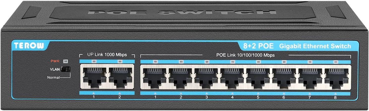 8-Port PoE Gigabit Switch with 2 Gigabit Uplink, 8 PoE+Port 1000Mbps, 96W, 802.3af/at Vlan, Metal fanless Design, Plug-and-Play, Desktop and Home,Ethernet Splitter, Elegant Black Blue
