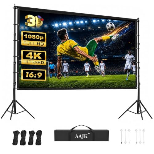 AAJK 150in Projector Screen with Stand,Portable 16:9 4K HD Indoor Outdoor Projection Screen with Wrinkle-Free Design, Ideal for Home Theater and Backyard Cinema Includes Carry Bag
