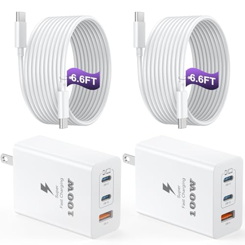 USB C Charger Block 100W, 3-Port GaN Super Fast Charger, Type C Wall Charger Adapter with 6.6ft USB C Charging Cable for MacBook Pro/Air,iPad Pro, i-Phone 16/15Pro, Galaxy S24/S23 and More[2 Pack]