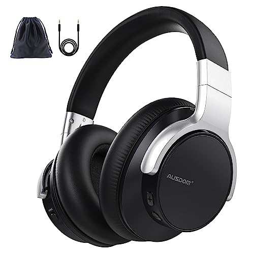 AUSDOM Bluetooth Noise Cancelling Headphones: E7 Wireless Over Ear ANC Headphones with Microphone, 50H Playtime, Hi-Fi Sound, USB C Charge, Comfortable Earpads for Travel Work Adults, Silver Black