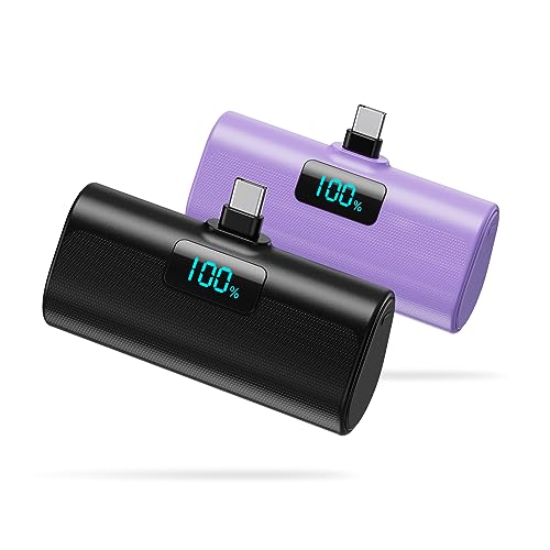 [2-Pack]Small Portable Charger 5200mAh, Upgraded PD USB C Power Bank Built-in USB-C Connector,LCD Display Battery Pack Compatible with iPhone 15/15 Plus/15 Pro/15 Pro Max/Samsung Android(Black+Purple)