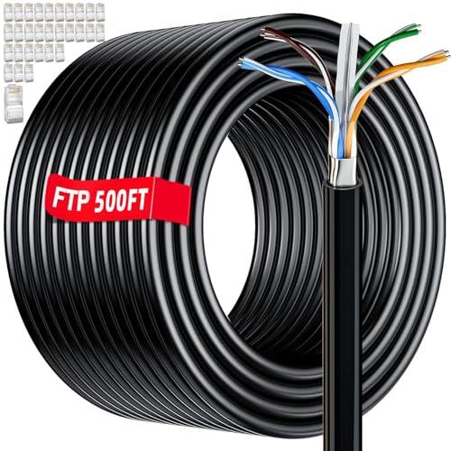 Cat 6 Outdoor Ethernet Cable 500ft Bulk (30 RJ45), FTP Cat 6 Shielded Ethernet Cable, Direct Burial, 23AWG, Heavy Duty, In-Ground, POE, Waterproof UV Resistant Cat6 Internet Cables for Router Gaming