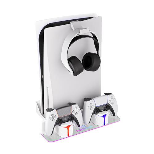 Hosanwell PS5 Wall Mount Kit with Charging Station, Compatible with PlayStation 5/Slim/Pro Disc & Digital Version, Dual Use Charging Station with Multi-Mode RGB Light, White