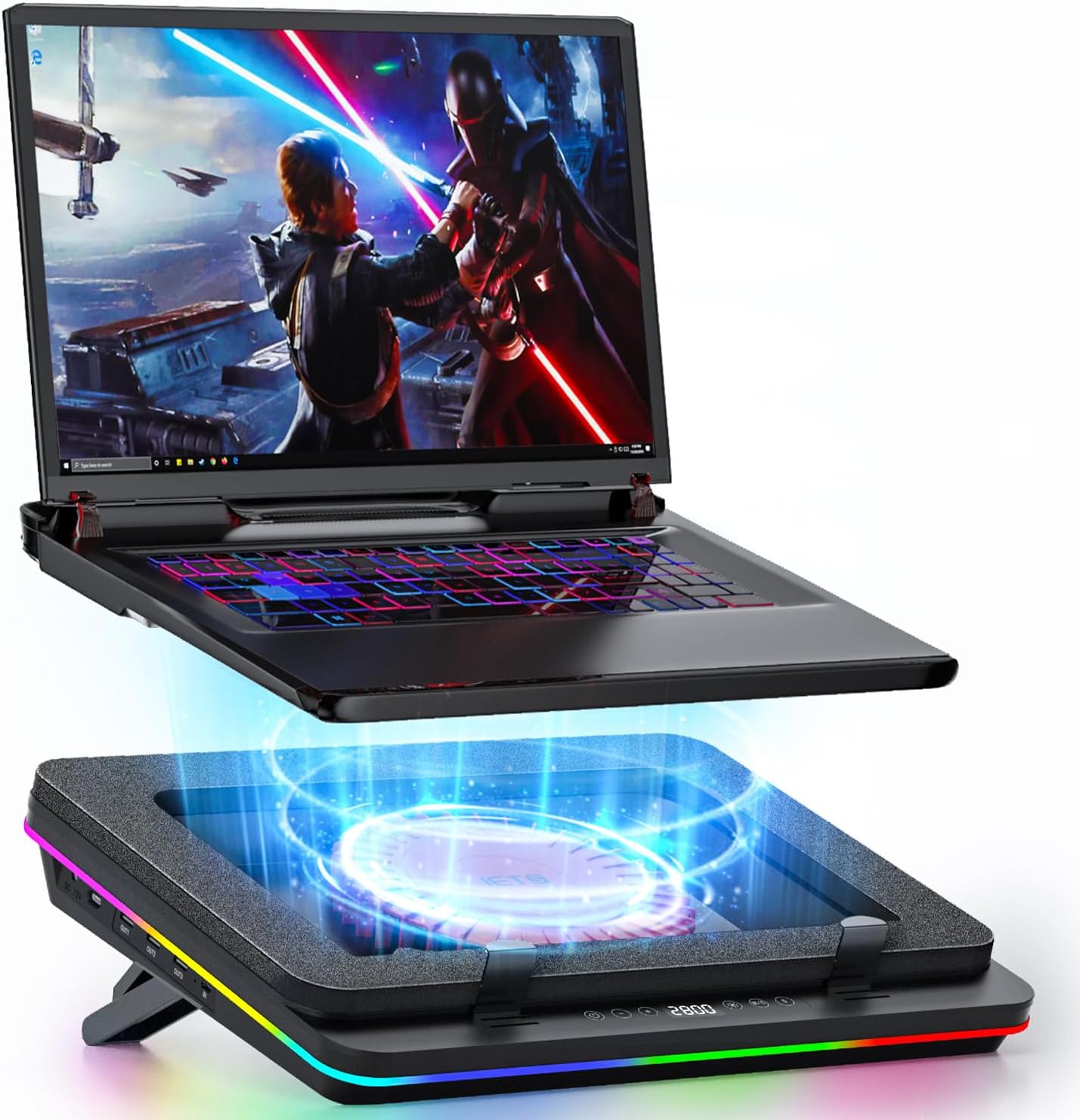 GT600 RGB Laptop Cooling Pad Equipped with Gigantic Turbo-Fan(5.5inch Diameter),Sealed Foam for Rapid Cooling Gaming Laptop,14.1-19.3 inch Laptop Cooler with 3-Port USB Hub,Dust Filter