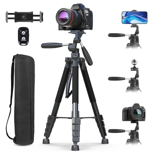 UBeesize 74" Camera Tripod with Phone Holder and Remote, Heavy Duty Tripod Stand with Portable Bag for Phone and Camera, Compatible with DSLR Cameras, Cell Phones, Spotting Scopes and Binoculars
