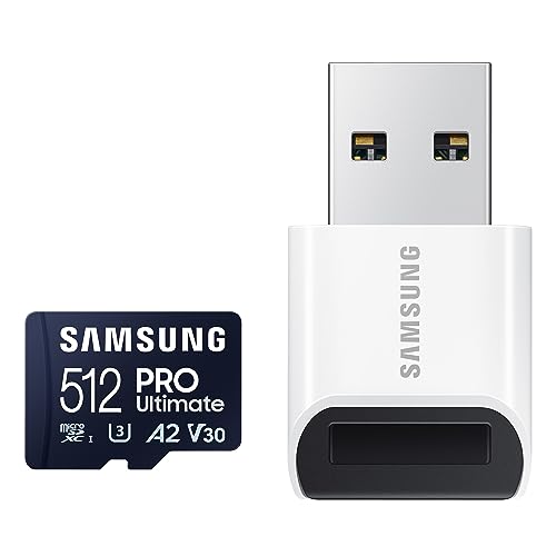 Samsung PRO Ultimate microSD Memory Card+Reader, 512GB microSDXC, Up to 200 MB/s, 4K UHD, UHS-I, Class 10, U3,V30, A2 for GoPRO Action Cam, DJI Drone, Gaming, Phones, Tablets, MB-MY512SB/AM