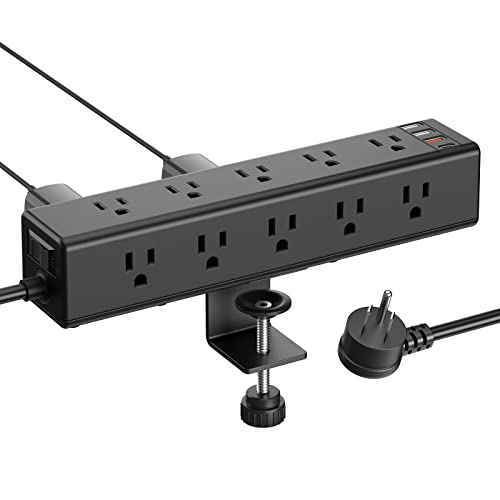 CCCEI Standing Desk Clamp Power Strip with 15 Outlets, Widely Spaced Desktop Edge Mount Surge Protector Outlet, Fast Charging USB-A and USB-C Ports, 10 FT Flat Plug, Fit 1.6 inch Table top. Black