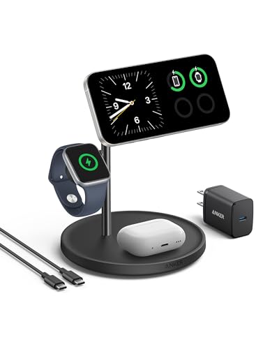 Anker MagSafe Charger Stand Compatible, iPhone 17 MagGo 3 in 1 Wireless Charging Station,Qi2 Certified 15W Wireless Charger, Desk Accessory, for iPhone 15/14/13/12 Series Apple Watch, AirPods