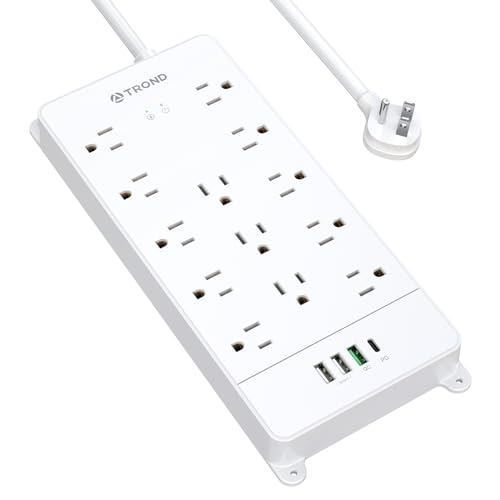 TROND Surge Protector Power Strip with USB C, Flat Plug Extension Cord 5 ft, 13 Wide Spaced Outlets, 4000 Joules, 32W Quick Charge 3.0 &, Wall Mount, Under Desk, Heavy Duty ETL Listed, White