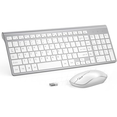 J JOYACCESS Wireless Keyboard Mouse, 2.4G Wireless Keyboard with Number keypad,Quiet and Durable Clicks for Laptop/Desktop/Tablet/Mac- Silver White