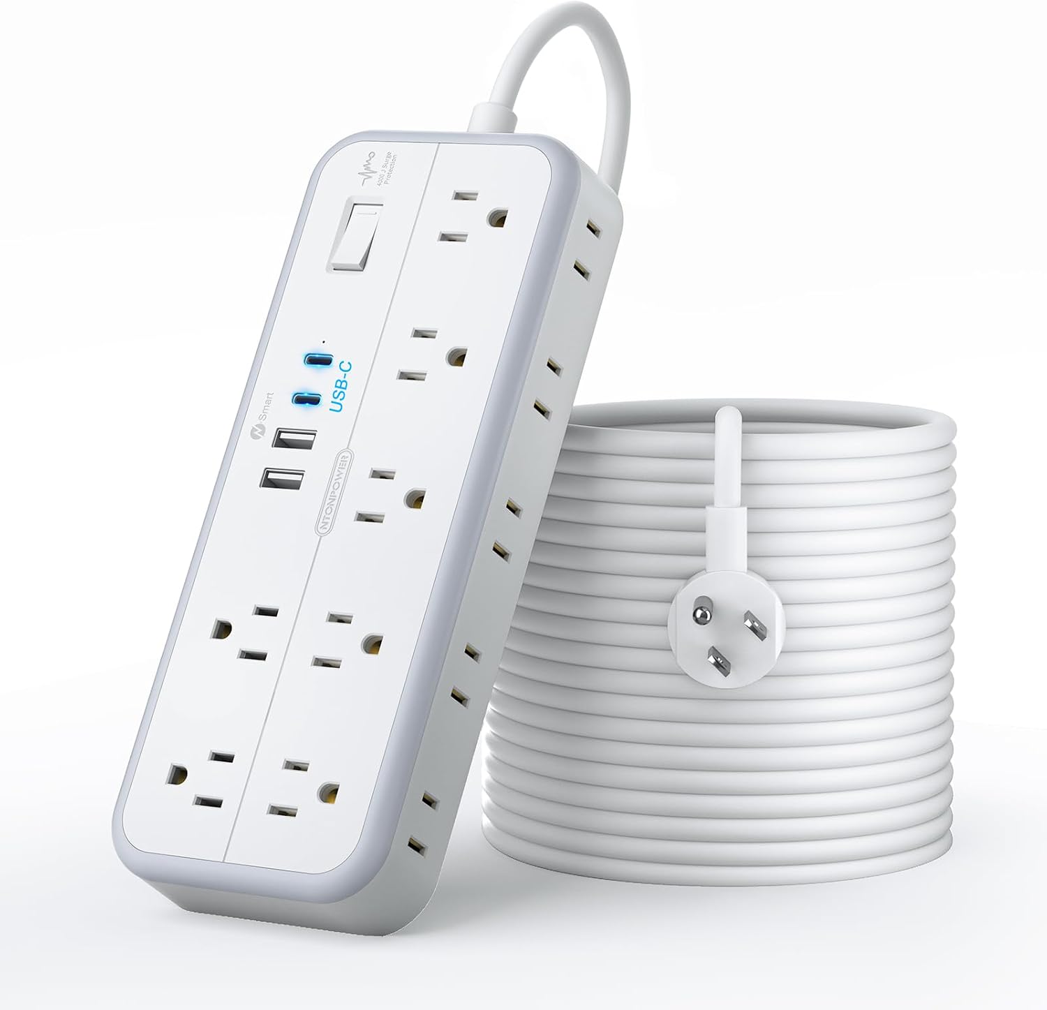 25 FT Long Extension Cord with Multiple Outlets, NTONPOWER 14 Outlets and 4 USB Ports (2 USB C), 1875W 15A, 14 Gauge 3 Prong, 2700J Surge Protector Power Strip, Mountable for Home Office, White