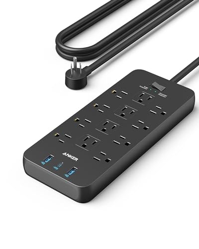 Anker Power Strip with 3 USB Ports, Surge Protector (2100J-10ft), 12 Outlets, 2 USB-A Ports and 1 USB-C Port, Works with iPhone 16/16 Plus/16 Pro/16 Pro Max, for Home, Office, TUV Listed