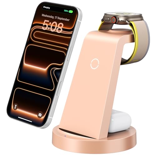 3 in 1 Charging Station for iPhone, Wireless Charger for iPhone 17 16e 16 15 14 13 12 11 X Pro Max & Apple Watch - Charging Stand Dock for AirPods (Rose)