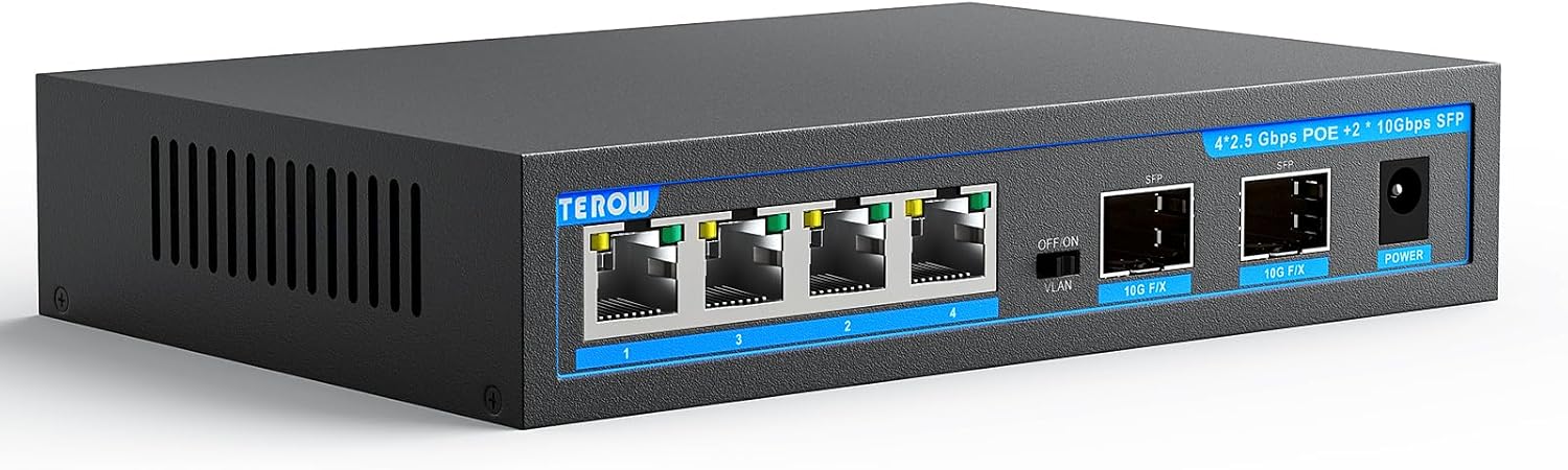 4-Port 2.5Gb PoE Switch add 2-Port 10Gb SFP+, TEROW 6 Ports 2.5G POE+ Switches Base-T & 2*10G Ethernet, New version-IEEE802.3af/at, up to 25W, Desktop/Wall Mount, Ideal for AP, Home,Gaming,Office